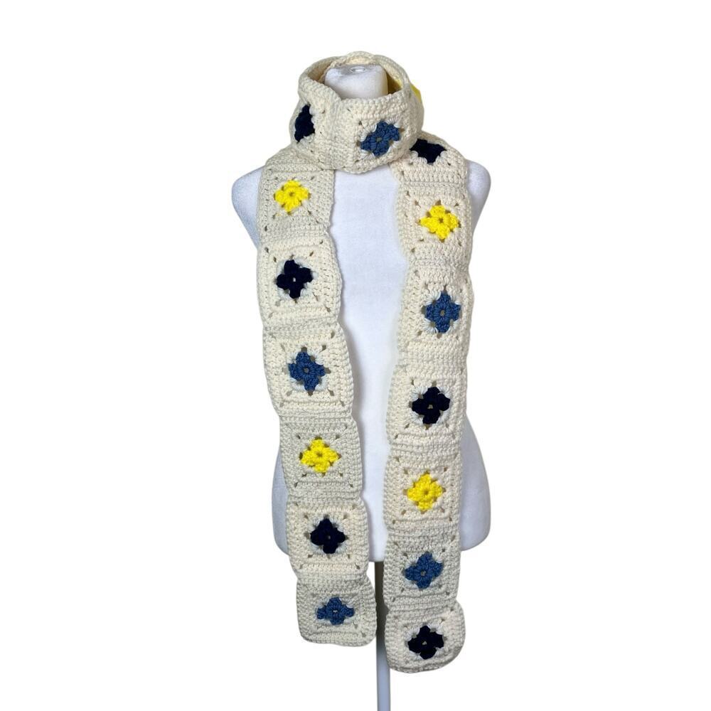 Unbranded Handmade Granny Square Crochet Oblong Scarf Cream Yellow Navy Artsy
